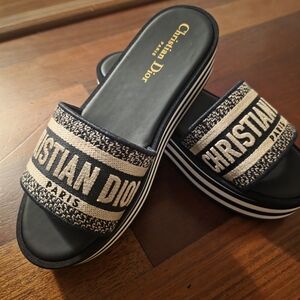 Dior Black and Gold Women's Platform Slides